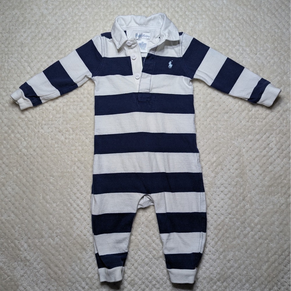 Ralph Lauren Baby Boys Navy White Striped Rugby Romper Long Sleeve 9M